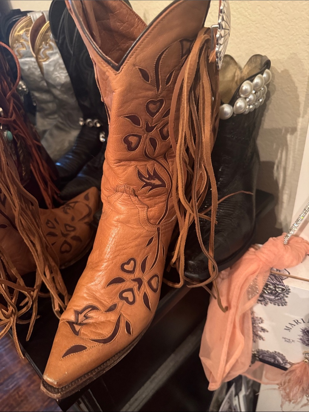 Dan Post Tan Leather Fringe Heeled Cowboy Boots - Picture 3 of 5